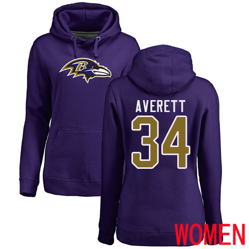 Baltimore Ravens Purple Women Anthony Averett Name and Number Logo NFL Football #34 Pullover Hoodie Sweatshirt